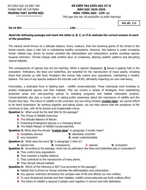 Đề thi Giữa kì 2 Tiếng Anh 12 năm 2025-2026 trường THPT Xuyên Mộc (TP Hồ Chí Minh)
